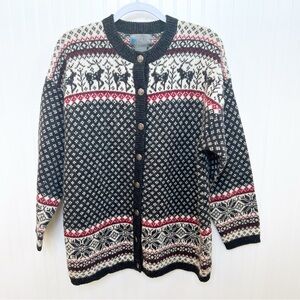 Squaw Valley Blue Red & White Fair Isle 100% Wool Button Front Cardigan Sweater